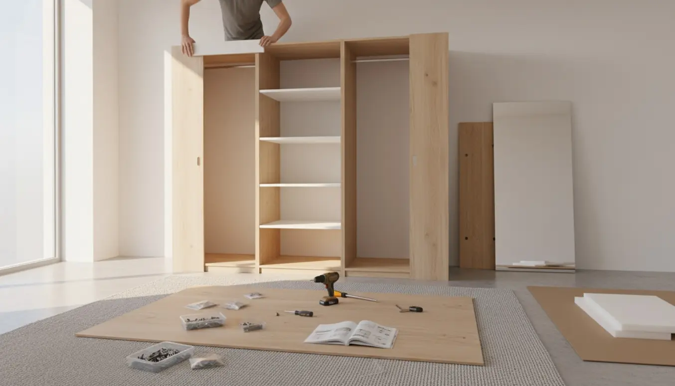 To fladpakkede garderobeskabe samles i et lyst soveværelse med værktøj og dele spredt på gulvet.