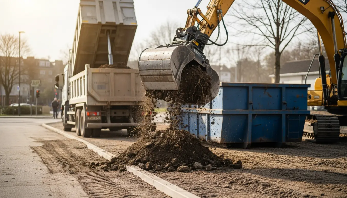 Gravemaskine med grab læsser blandet muldjord ved vejkant klar til bortkørsel.
