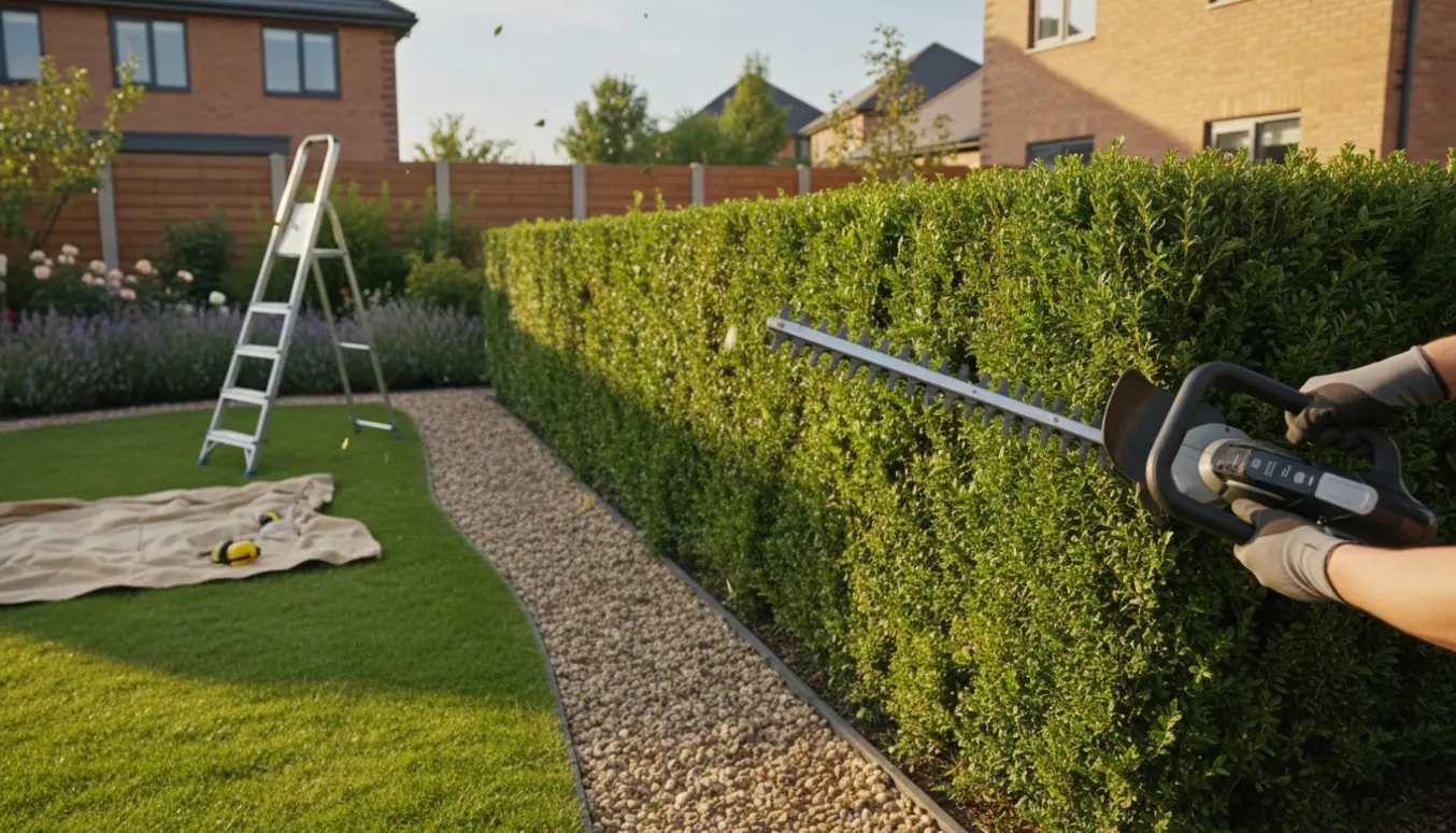 En person trimmer en hæk i en forstadshave med frisk afklip på græsset og et klart før-og-efter-resultat.