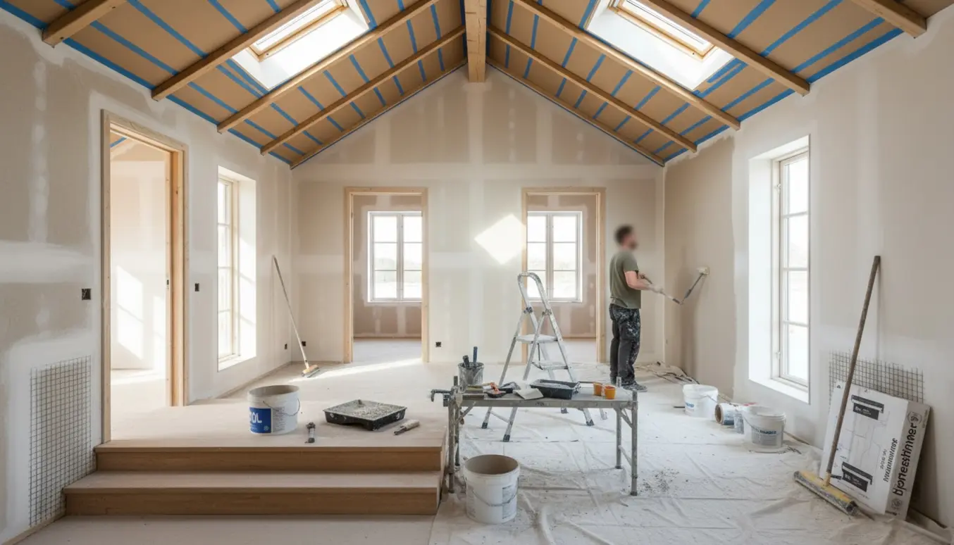 Indvendigt første sal under spartling, filt og maling med værktøj, hjørneskinner, afdækkede bjælker og beskyttet badeværelsesgulv.