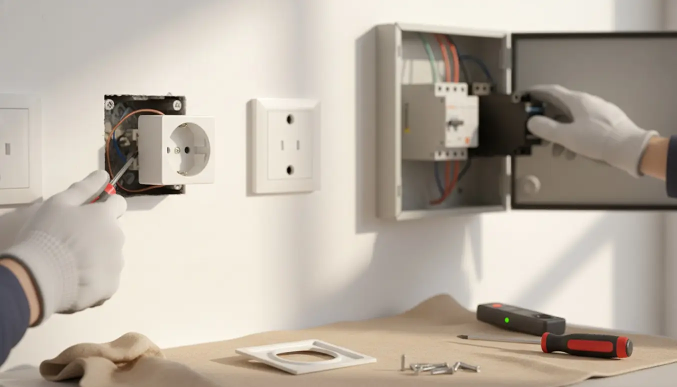 Elektriker installerer en trebenet stikkontakt og skifter en lille sikringsmodul med en kraftigere afbryder.