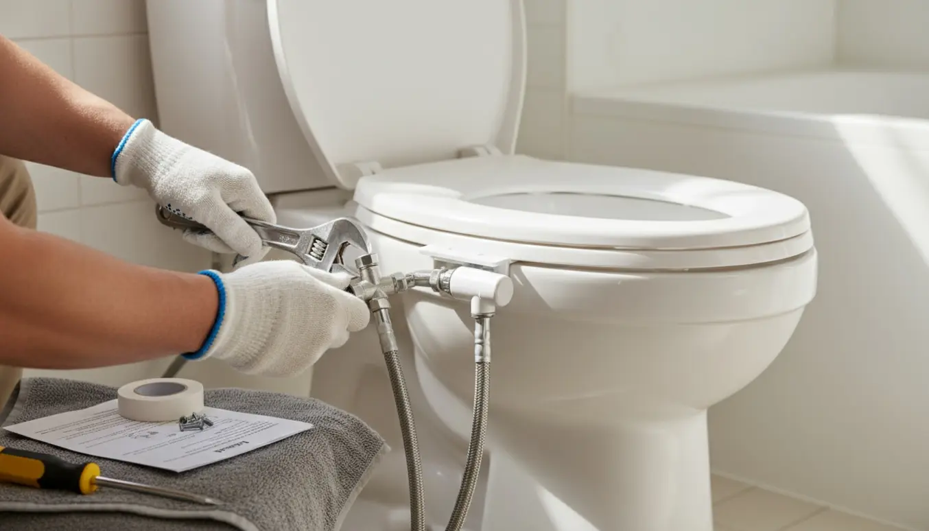 Nærbillede af installation af et manuelt bidet på et toilet med værktøj og manual i et lyst badeværelse.