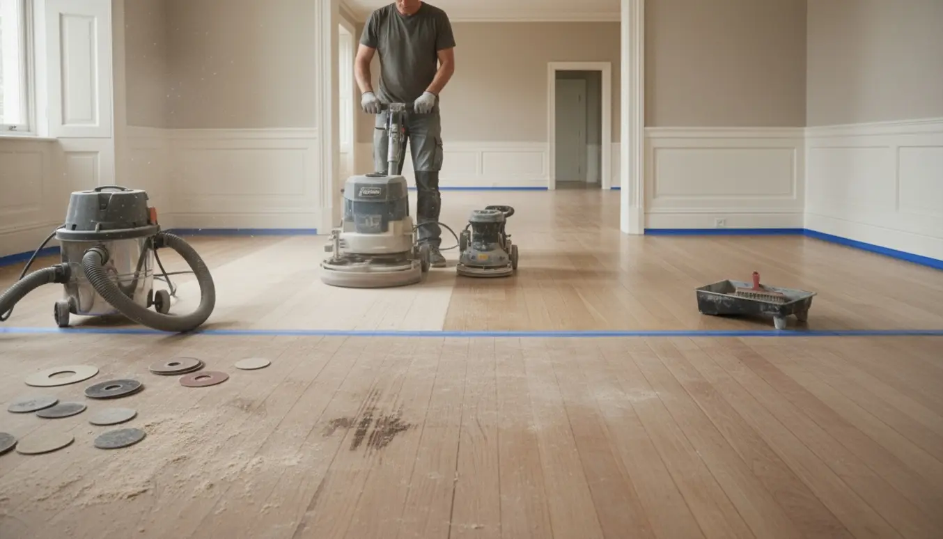 Håndværker sliber og lakker et gammelt trægulv i en lys herskabslejlighed, med ridsede, slebne og nylakerede planker.