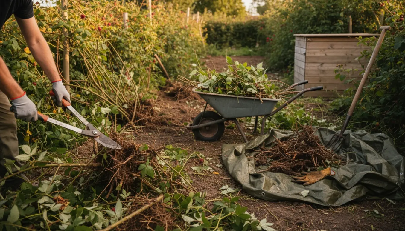 Person set bagfra i handsker fjerner vilde brombær og hindbær med grensaks og skovl, afskårne tornebevoksede grene i en trillebør.