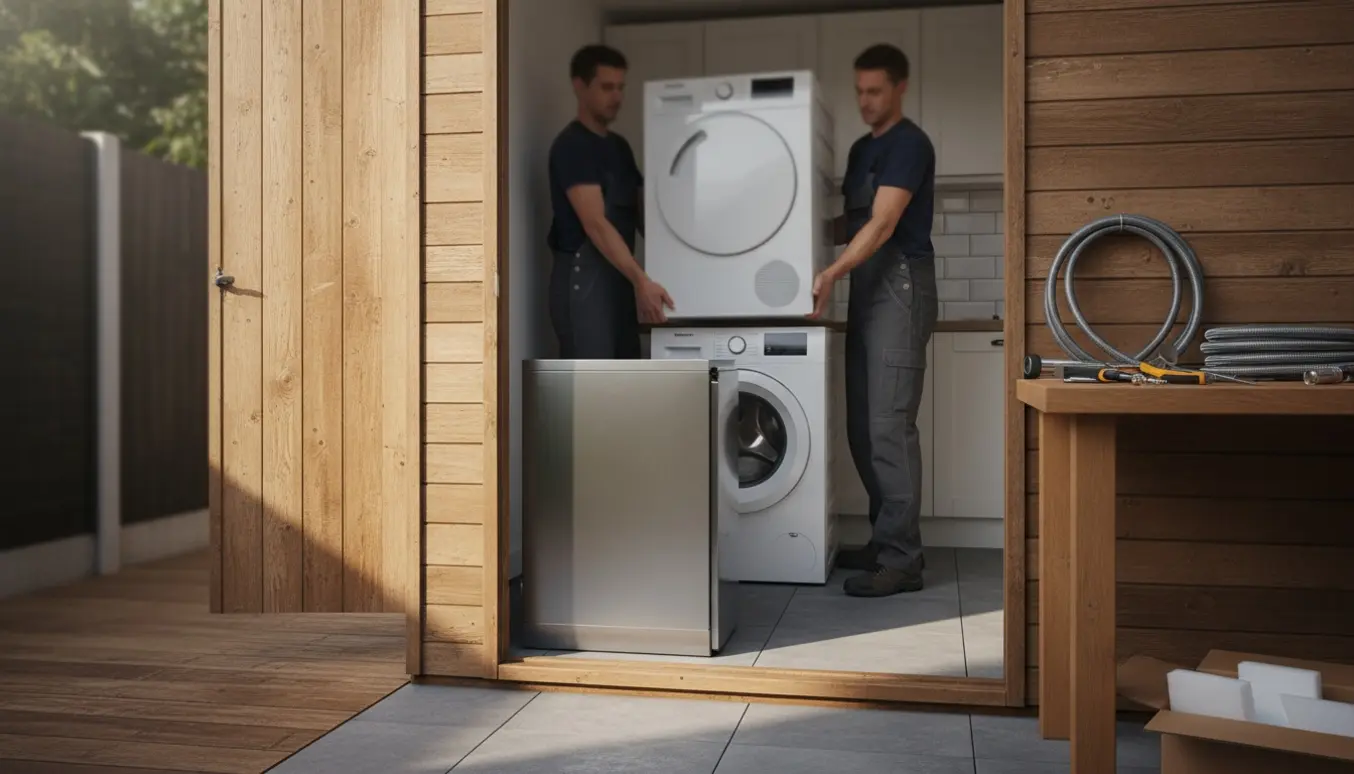 To personer løfter en tørretumbler op på en vaskemaskine ved husets dør med værktøj og fittings ved siden af.