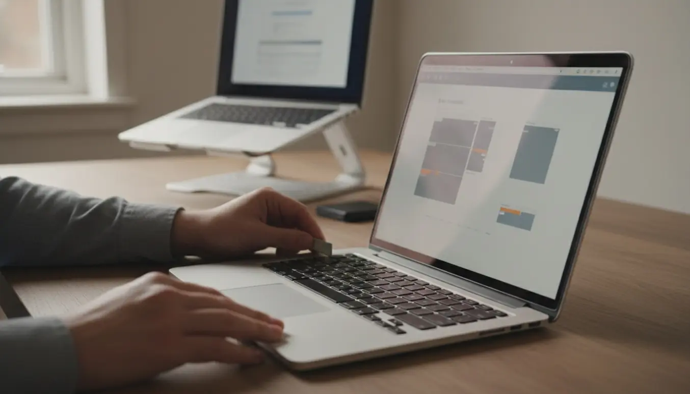 Hænder sætter en USB-installationsnøgle i en åben bærbar computer med en anden bærbar i baggrunden, der viser en sløret geninstallationsskærm.