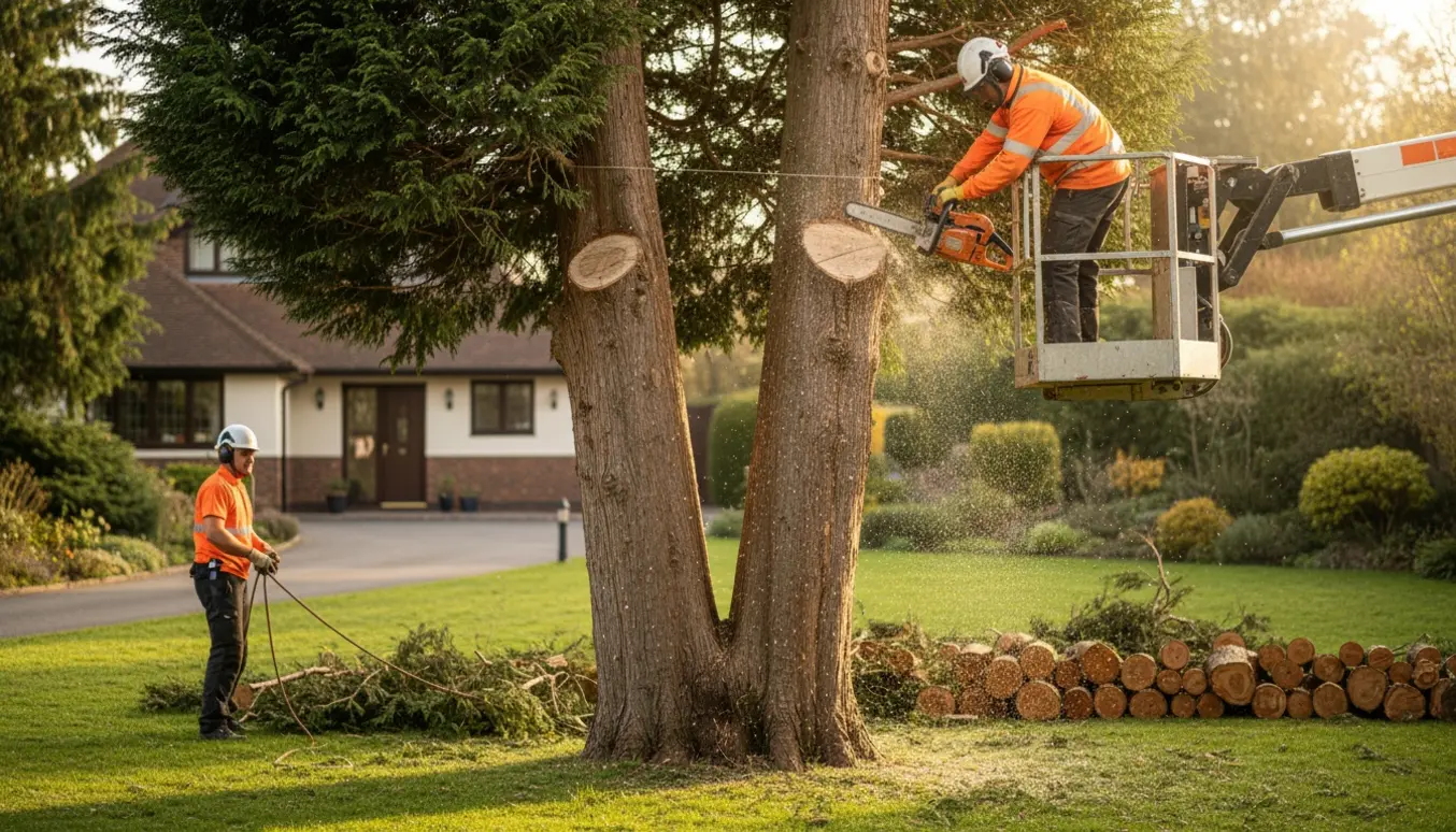 Arborist i sikkerhedsudstyr skærer en to-stammmet thuja ned i en have, med afsavede sektioner og savsmuld på græsset.