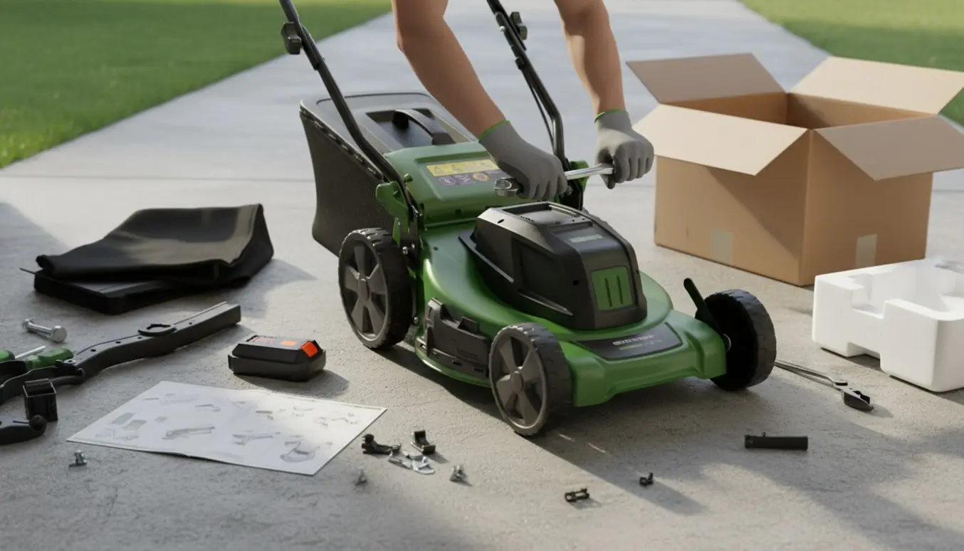 Ny plæneklipper samles i garagen med hænder, dele og værktøj på gulvet.