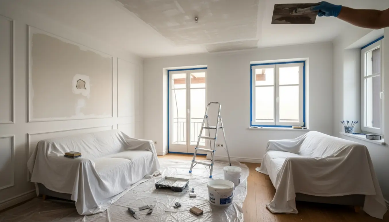 Værelse med afdækningsplast, stige, spartel og maleudstyr klar til spartling af loft og maling af vindueskarme.