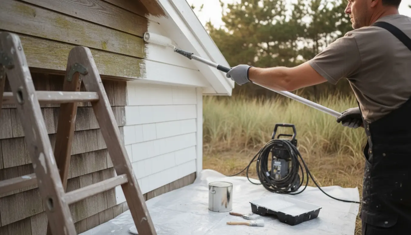 Person maler udhæng på et træsommerhus med rulle og forlængerskaft efter grundrens, stige og højtryksrenser i baggrunden.
