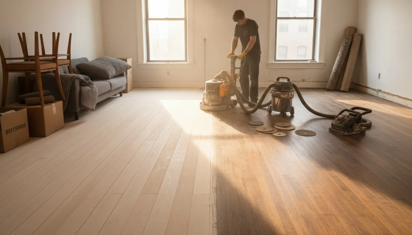 Indendørs gulvslibning i en lejlighed med halvdelen nyslebet trægulv og møbler samlet til flytning.