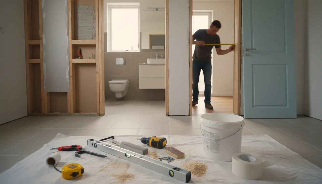 Renovering af badeværelse med dør flyttet til entreen, dørkarm, gips og værktøj synligt.