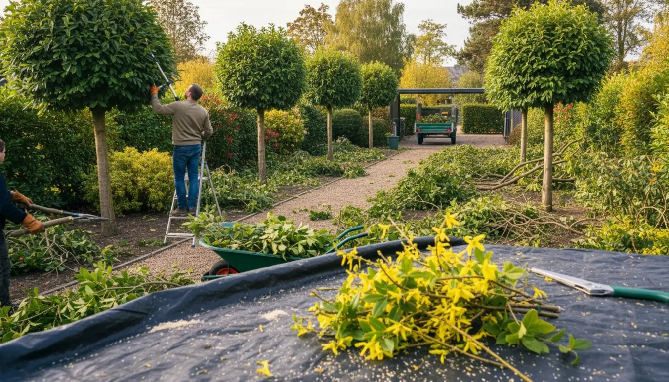 Gartner set bagfra beskærer syv nøddetræer og rydder ca. 10 buske med værktøj og trillebør.