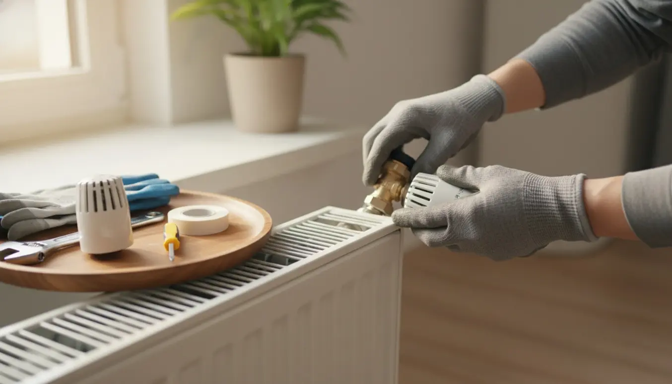 Nærbillede af hænder, der udskifter en radiatorventil med nyt termostathoved og værktøj ved siden af.