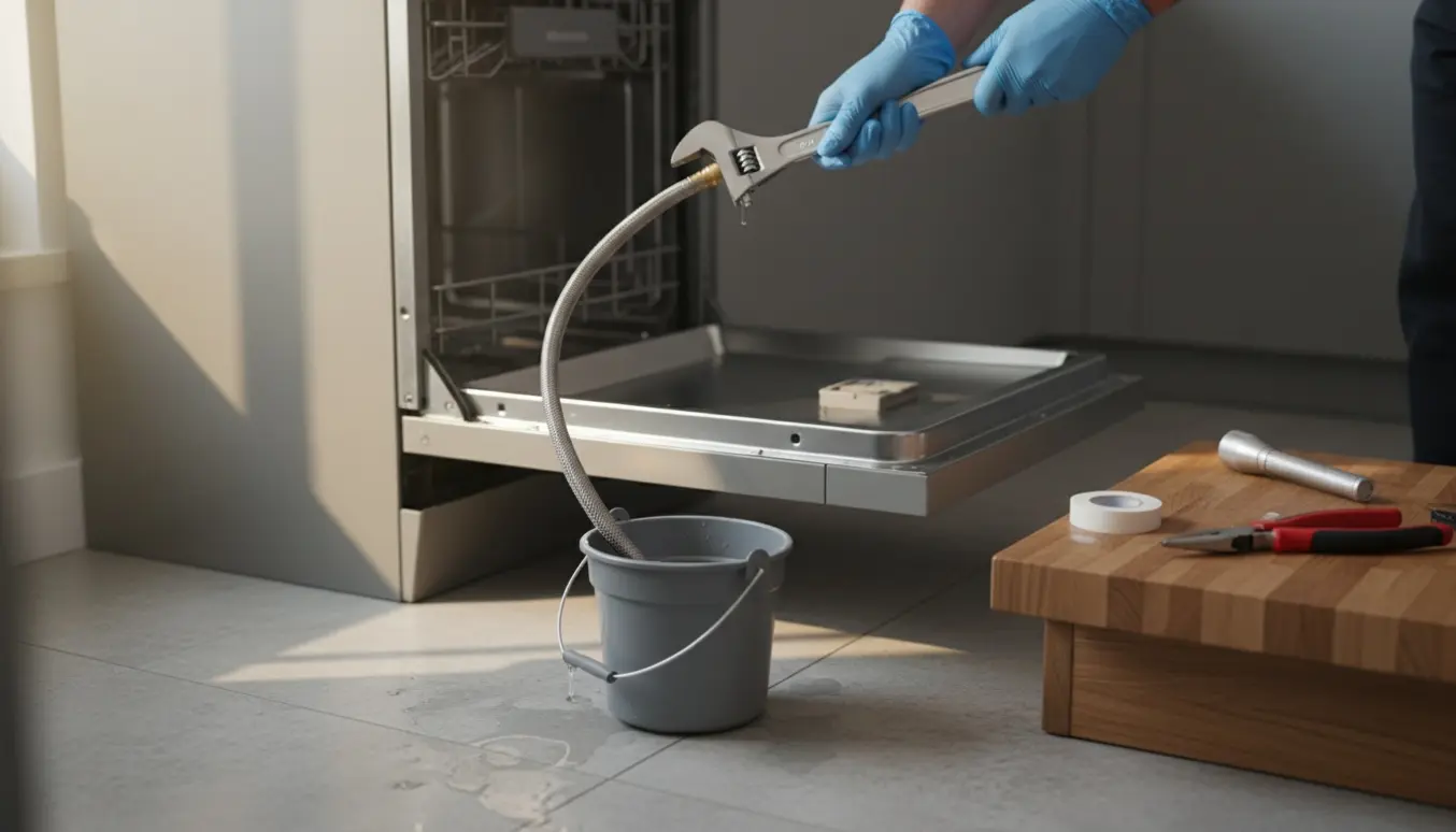 Nærbillede af hænder, der reparerer opvaskemaskinens vandtilførsel med afmonteret slange og værktøj.