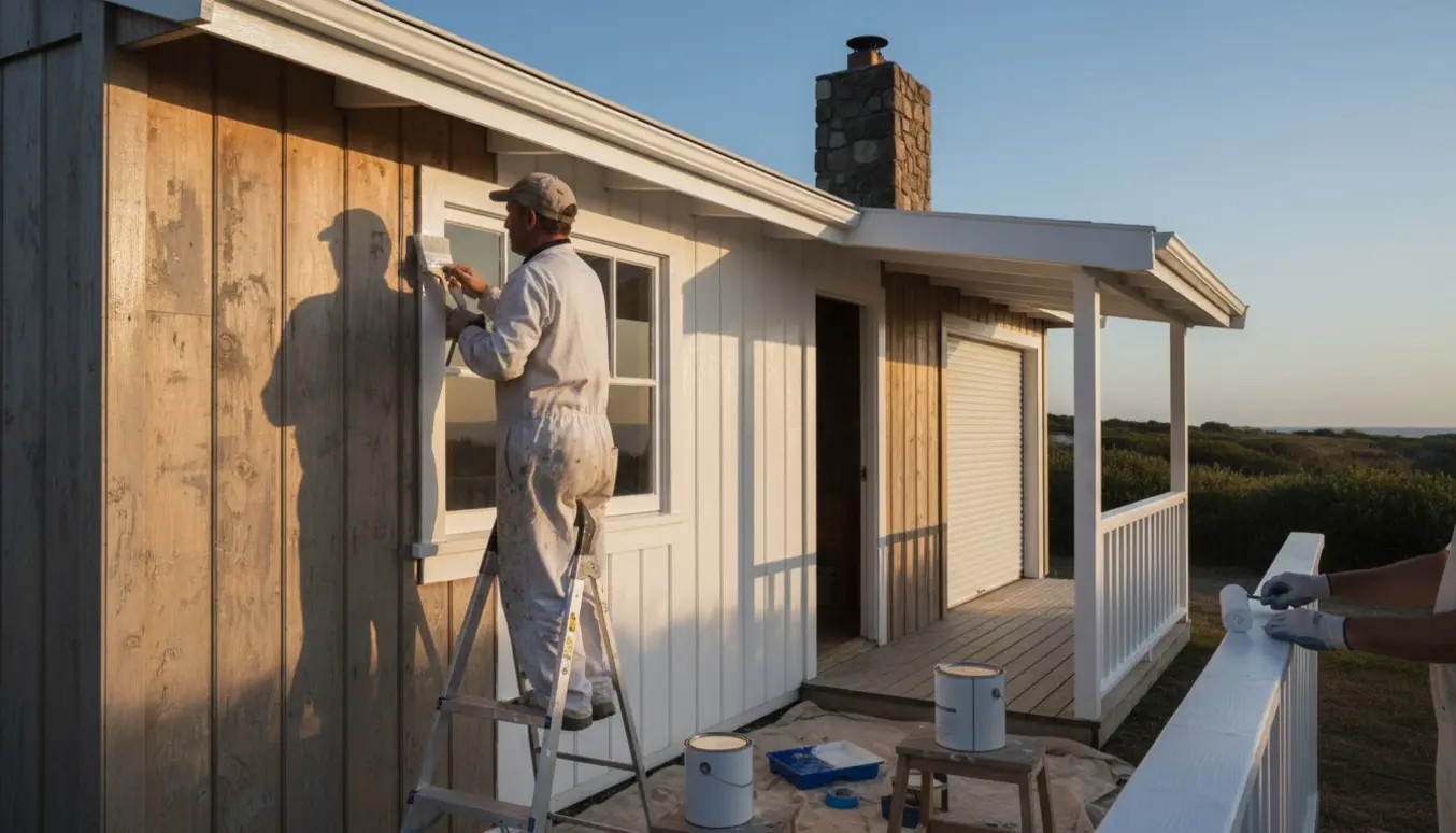 Maler set bagfra maler sommerhusets vindskeder, vinduer og gelænder hvide.