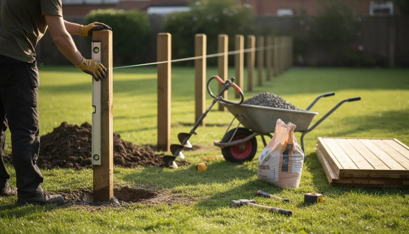 Nærbillede af hænder, der sikrer et træstolpe med vaterpas under opsætning af hegn, med jordbor og værktøj ved siden af.
