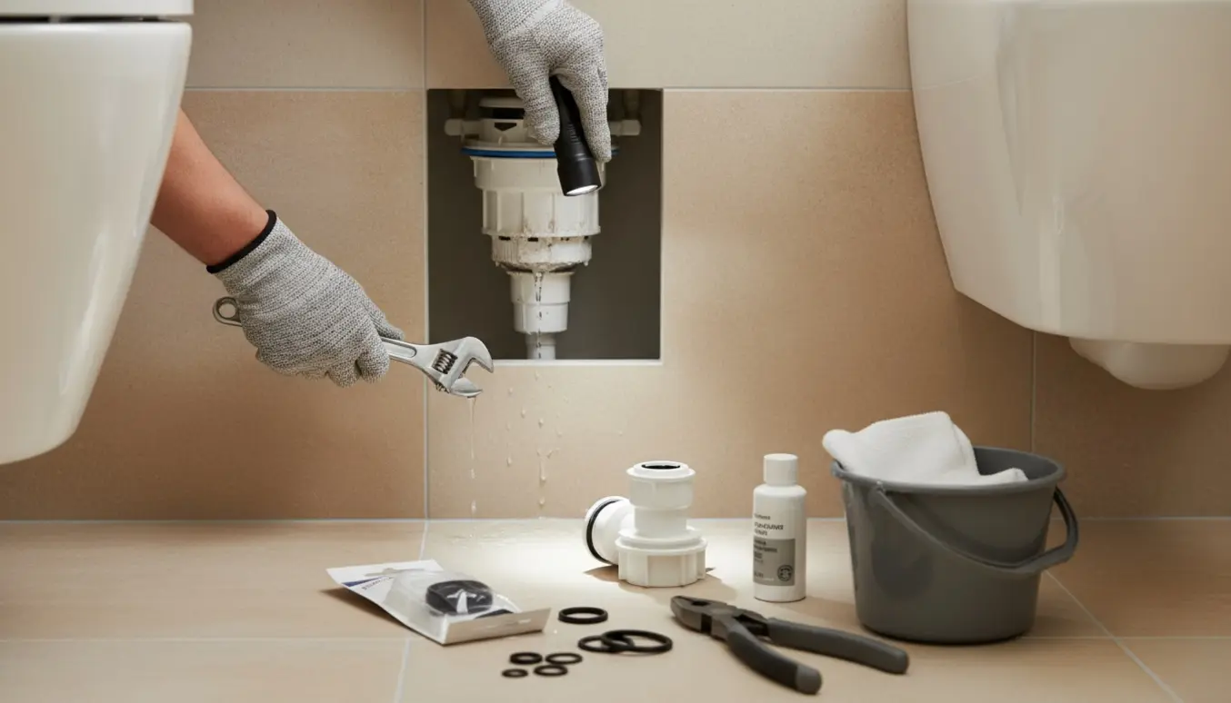 Handskerede hænder reparerer en væghængt toiletscistern gennem en smal inspektionsluge med værktøj og afkalkningsmidler.