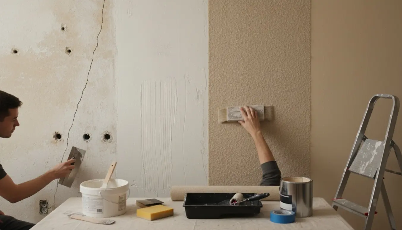 Nærbillede af hænder, der spartler og sætter filt på en køkkenvæg med værktøj og maling klar.