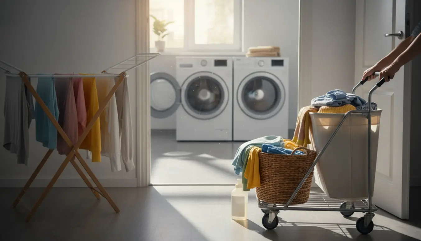 En vogn med vasketøj føres mod et lyst stueplans vaskeri, mens et tørrestativ med delikate trøjer ses i hjemmet.