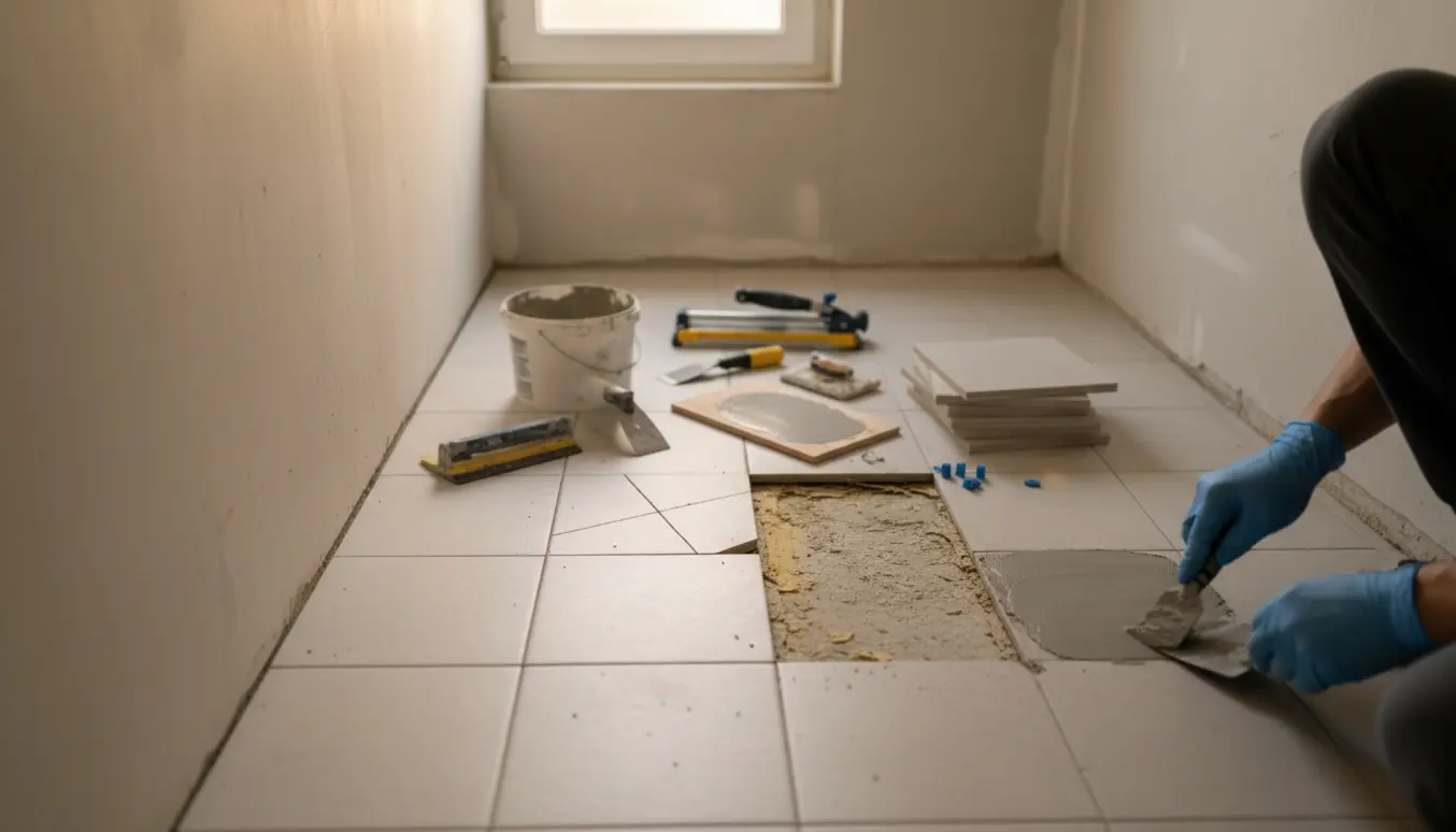 Smalt badeværelse under gulvrenovering med beskadigede og løse fliser, værktøj og microcement-prøve.