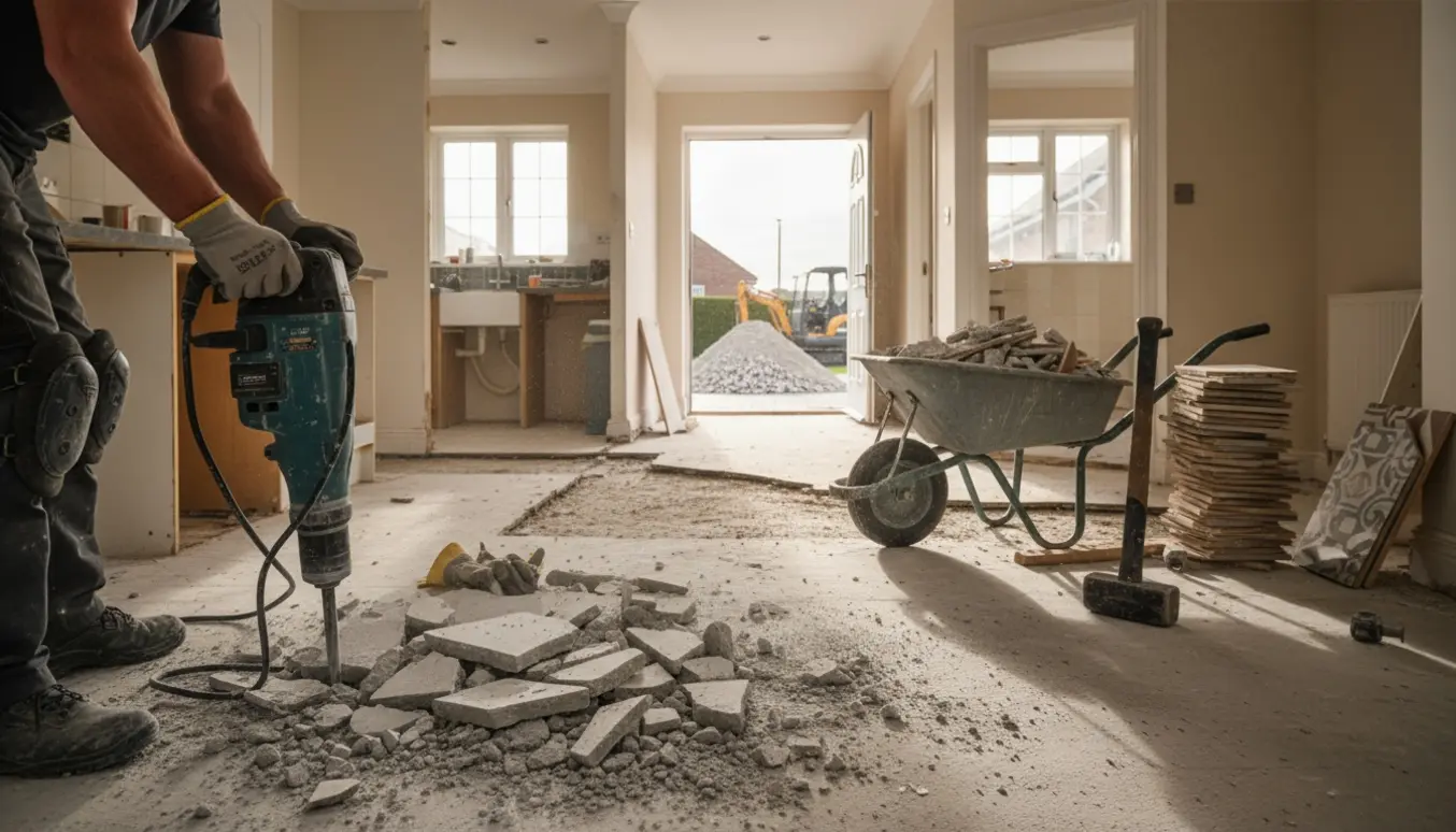 Indvendigt billede af udhugning af betongulv med værktøj og en bunke beton foran huset.