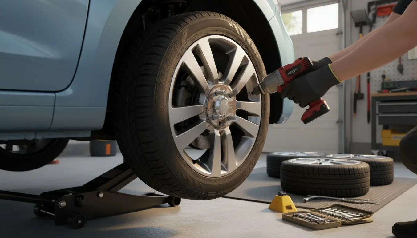 Nærbillede af dækskifte på en lille hatchback med donkraft, værktøj og fire seksten-tommers fælge stablet ved siden af.