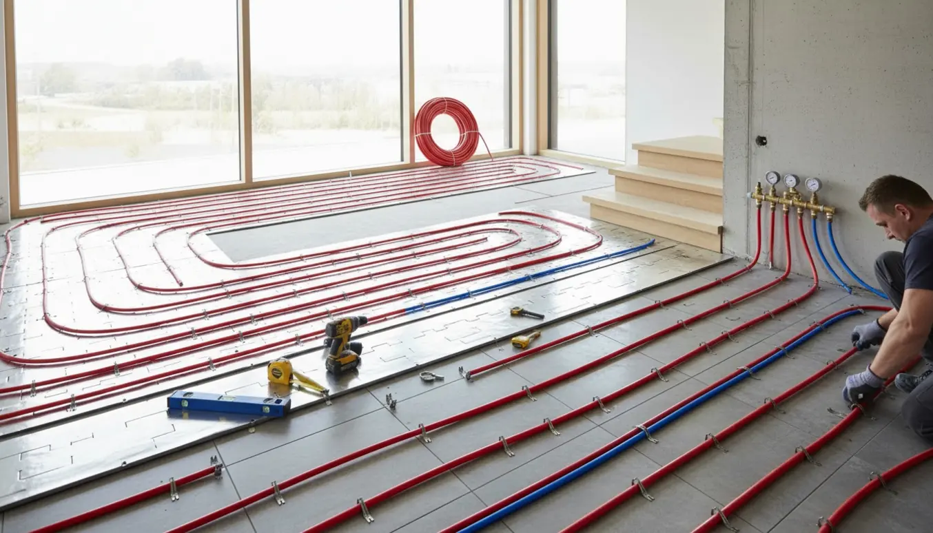 Udlægning af gulvvarme i en lys stue med rør, manifold og værktøj ved trappen ned til kælderen.