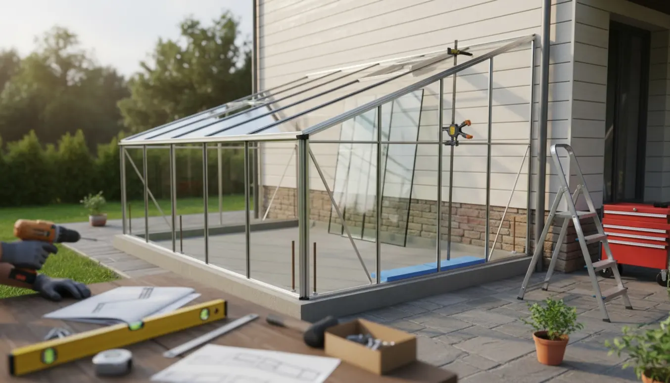 Montering af et vægdrivhus ved en husmur med fundament og værktøj klar.