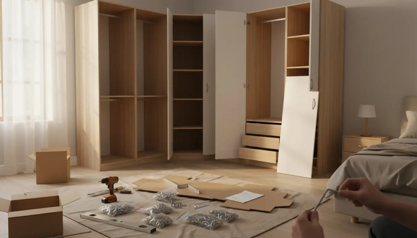 Montage af modulære garderobeskabe i et soveværelseshjørne med hænder og værktøj, ingen ansigter synlige.