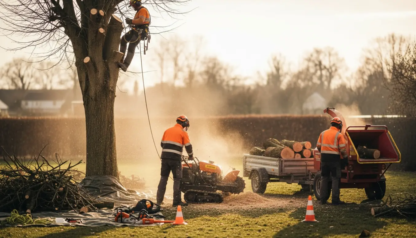 Professionelle arborister fælder et højt træ, fjerner stammer og stubfræser i en have.