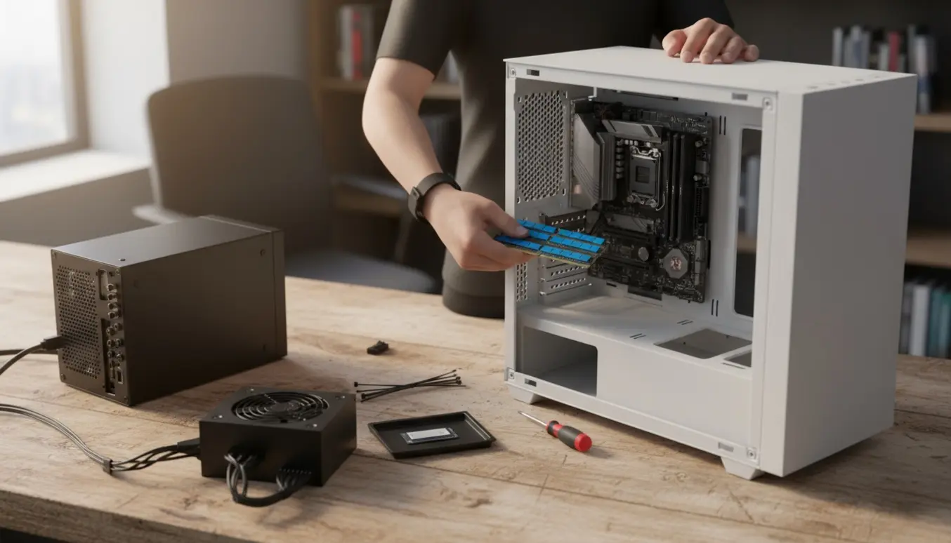 Åben pc på et arbejdsbord, hænder installerer motherboard og RAM i en ny mid-tower kabinet.