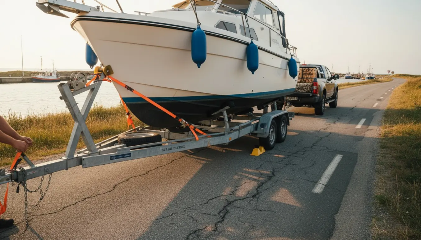 En 27 fods glasfiber motorbåd spændt fast på trailer bag en pickup ved kystvej, klar til transport.