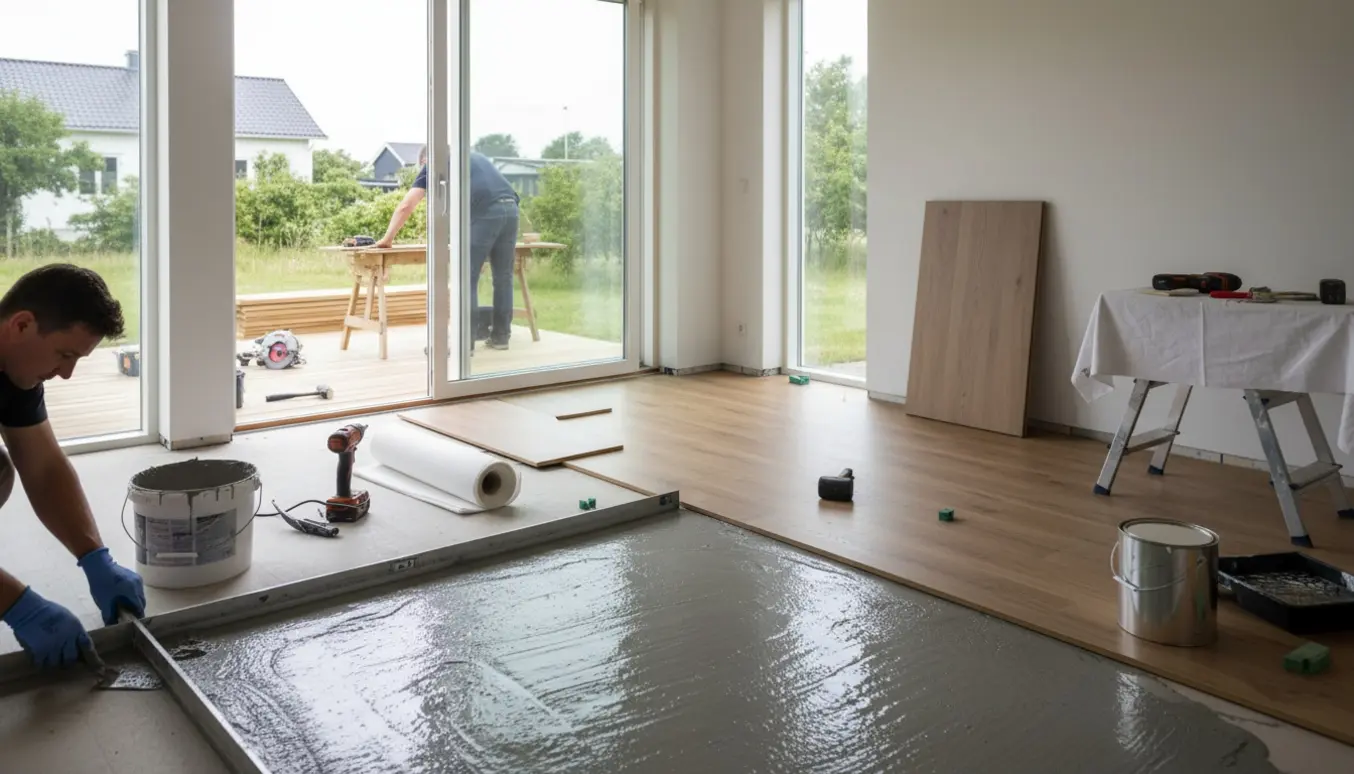 Sommerhus under renovering med gulvudjævning, delvist lagt vinylparket, malerværktøj og ny terrasse under opbygning.