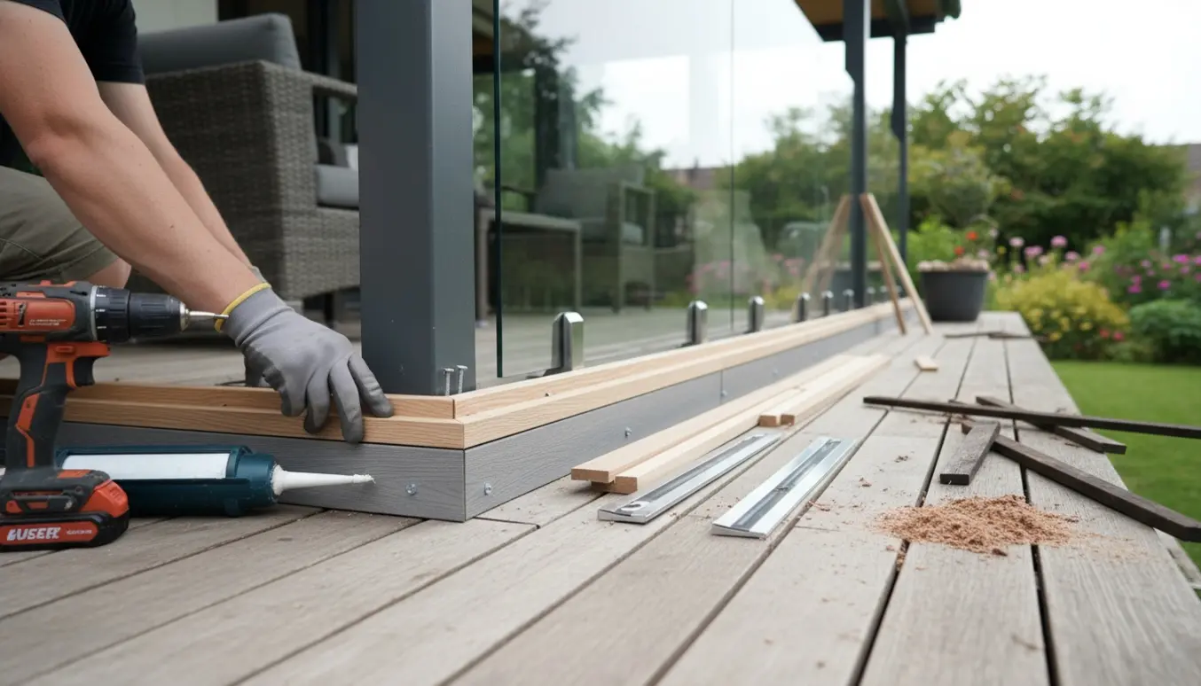 Nærbillede af udskiftning af udvendige lister og bundstykker på en overdækket terrasse.