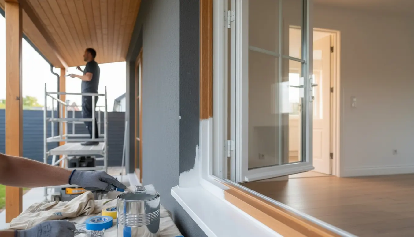 Maler maler udvendigt og indvendigt træværk med rulle og lille stillads ved en overdækket terrasse.