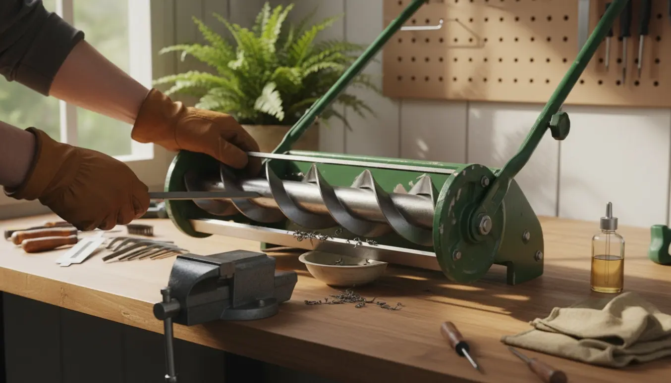 Nærbillede af hænder, der justerer og sliber en manuel håndplæneklipper på et ryddeligt værksted.
