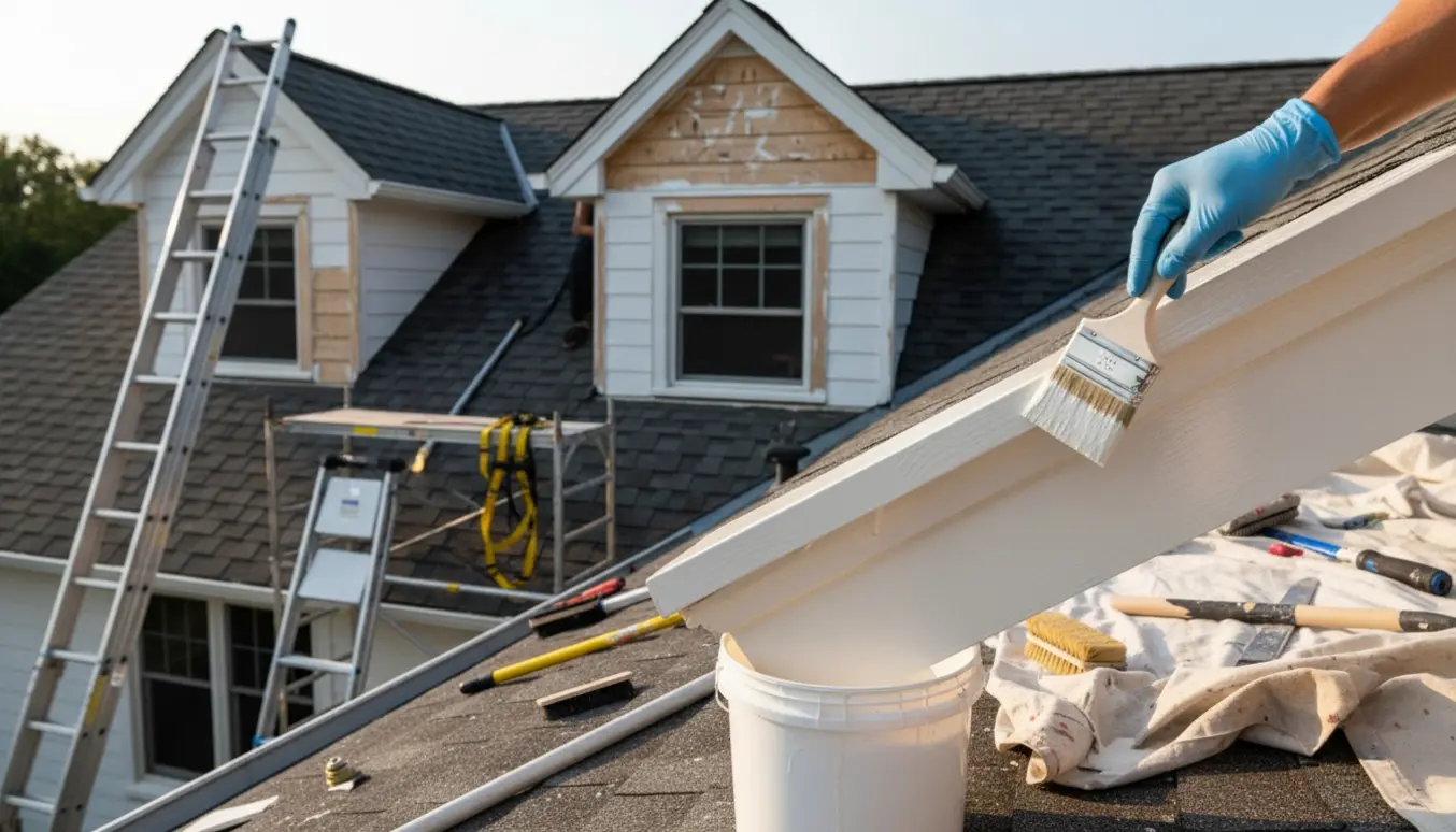 En maler på stige maler udhænget ved to kviste og to gavle på et hus.