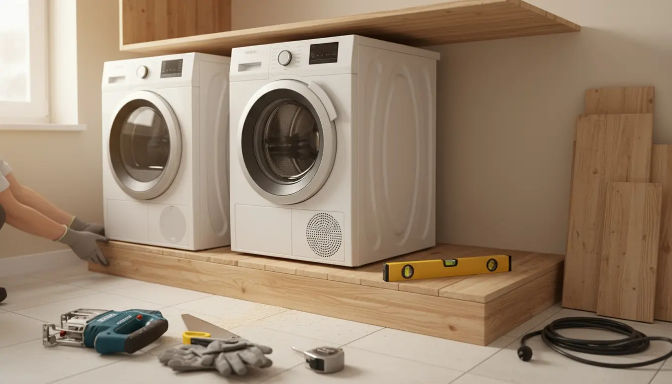 Tørretumbler står på gulvet ved siden af vaskemaskinen på en montagesplade med værktøj og savsmuld i bryggerset.