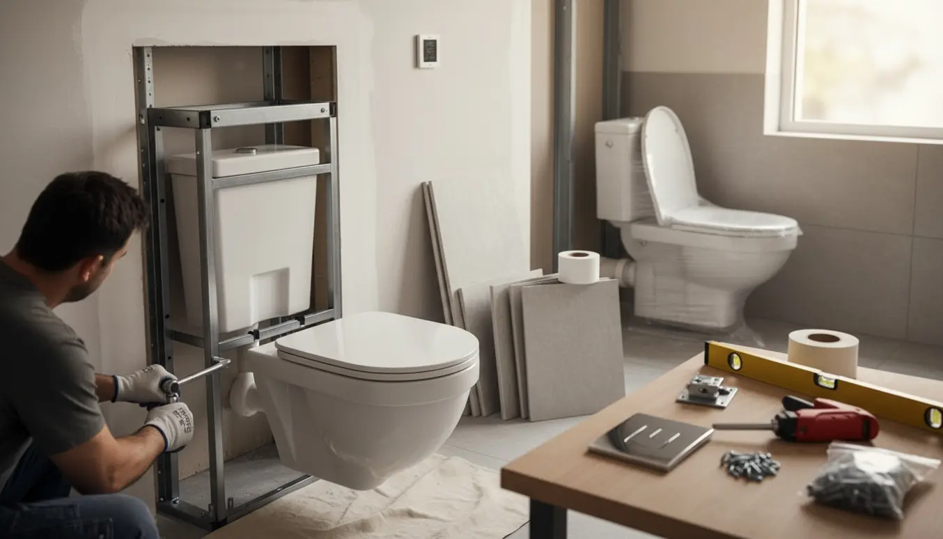 Montering af væghængt toilet med synlig cisterne og monteringsramme, håndværkerens hænder på en skruenøgle.