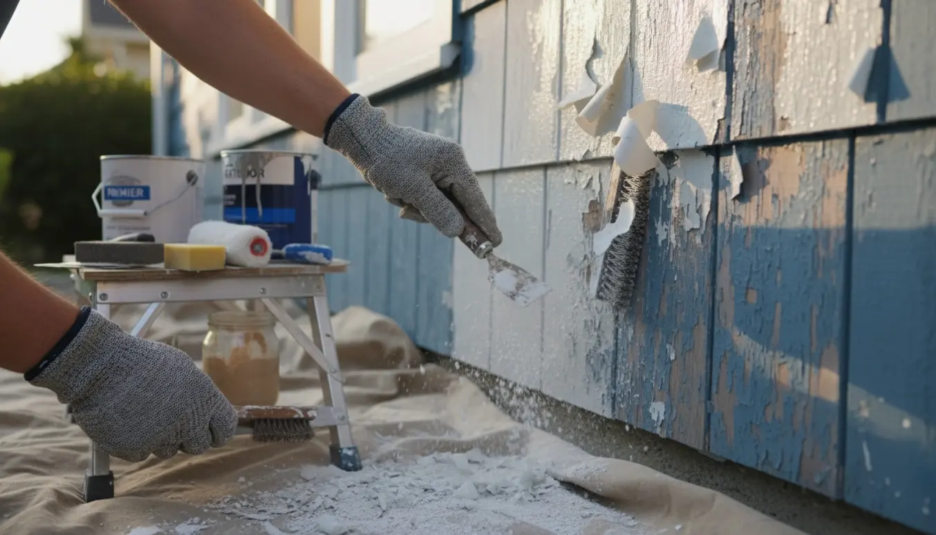 Hænder skraber afskallet maling af husets ydre facade ved en stige med malerbøtter og værktøj i baggrunden.
