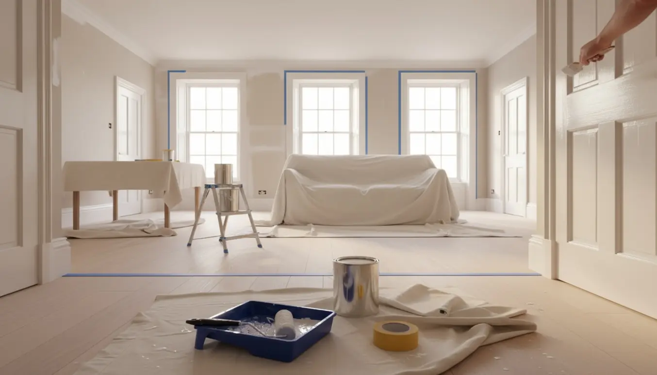 Åben stue og køkken under maling med malerudstyr og delvist nymalede vægge og lofter.