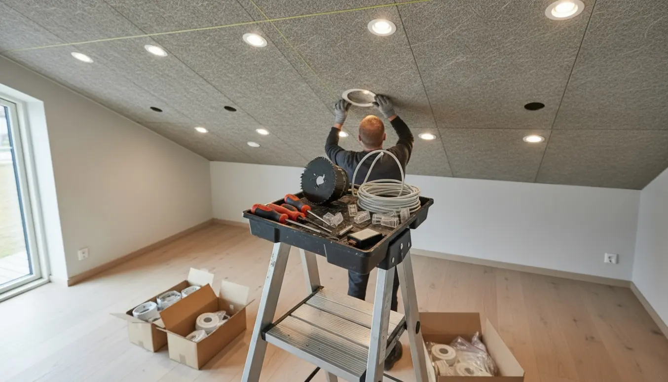 Troldtektloft med cirka tolv nedsænkede LED-spots under montering, værktøj og en stige i forgrunden.