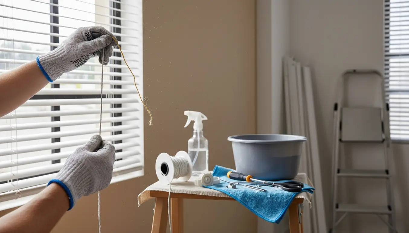 Hænder skifter en slidt persiennesnor og rengør persienner ved et vindue.