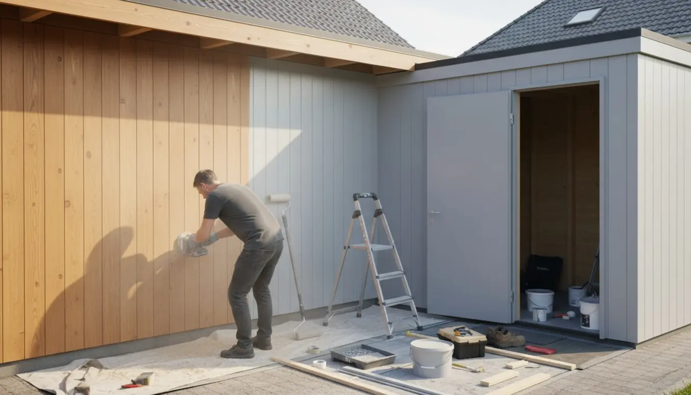 Carport med tilhørende skur og lille bryggers under slibning og maling, med værktøj og malerbøtter synlige.