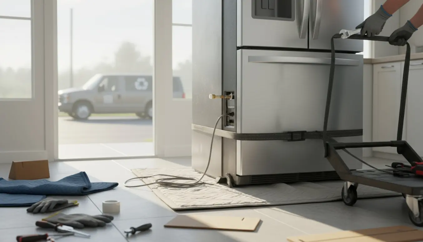 Et amerikansk køleskab er trukket ud i et køkken, frakoblet og spændt fast på en trille for bortskaffelse.