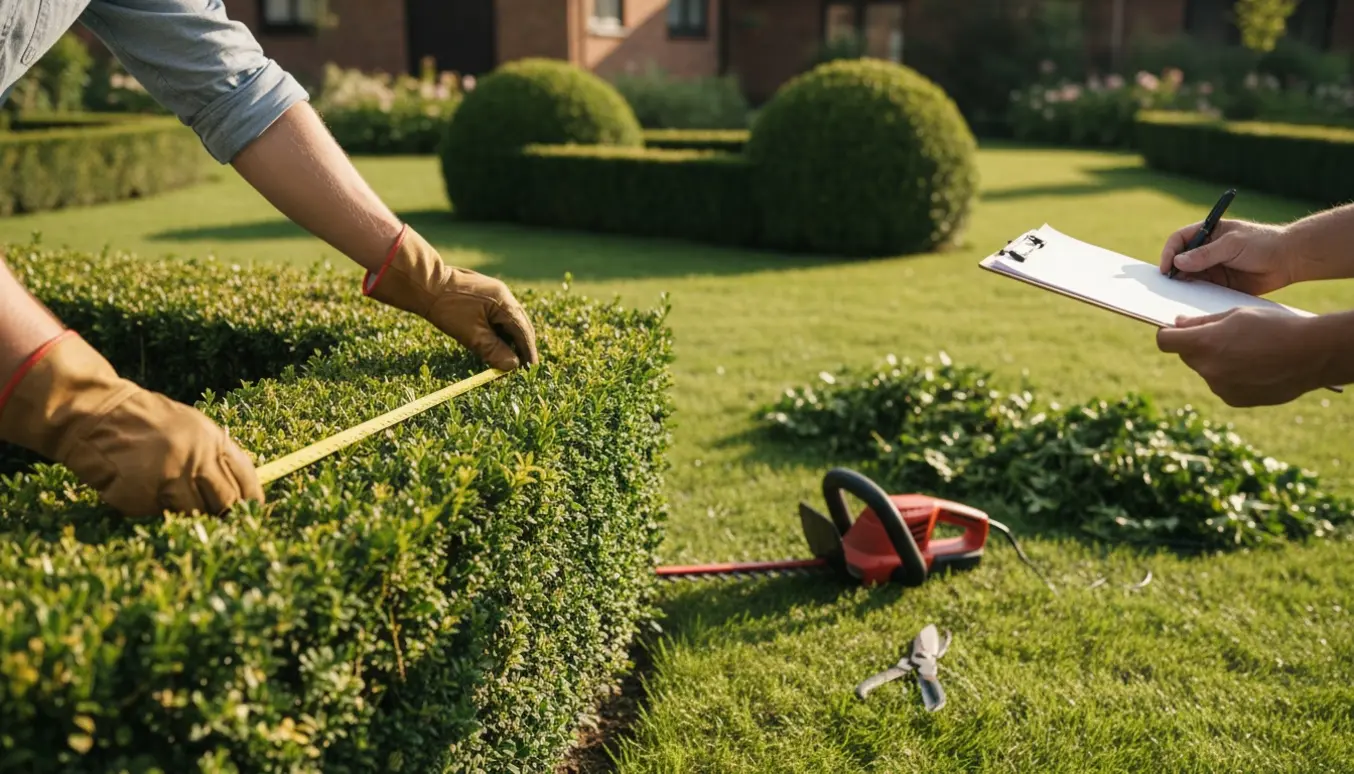 Hænder måler en hæk med et målebånd ved siden af hæktrimmer og nyslebede buske i en solrig have.