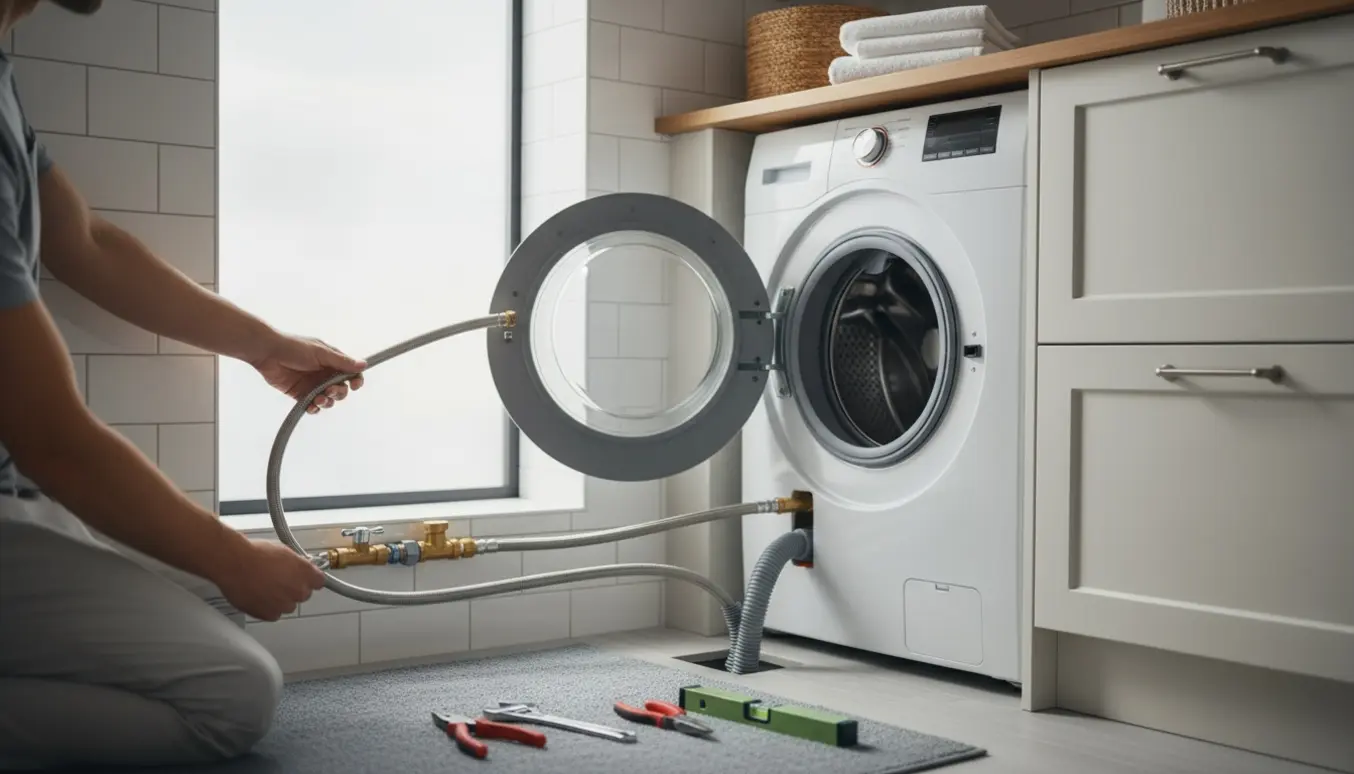 Hænder tilslutter vand- og afløbsslanger til en vaskemaskine i et lyst og ryddeligt bryggers.