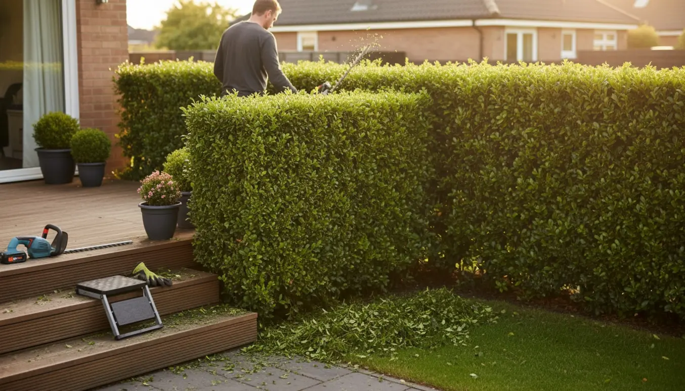 En person klipper en ligusterhæk rundt om et hjørnehus med en batteridrevet hækklipper, uden at ansigtet ses.