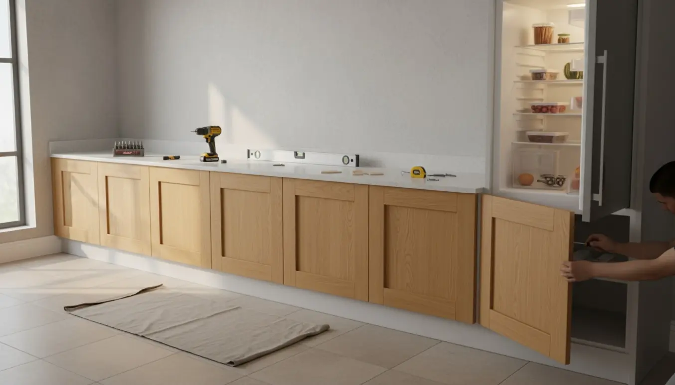 Nyopsat køkken med syv skabe i en række, seks underskabe og et højt skab med indbygget køleskab og trælåger monteret.